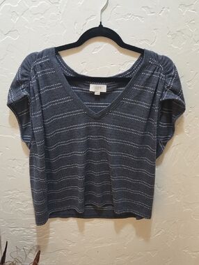 LOFT Charcoal Gray Striped V-Neck Short Sleeve Top
